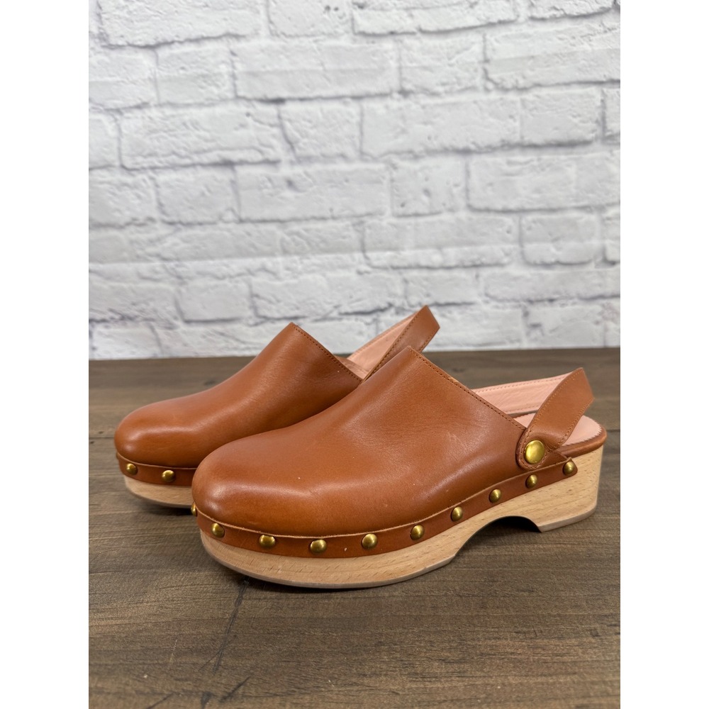 J.Crew Women Tan Brown Leather Studded Slingback Wood Clog Mule Sandals Shoes 6